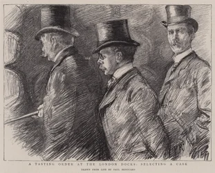 Eine Verkostungsbestellung an den Londoner Docks, Auswahl eines Fasses
